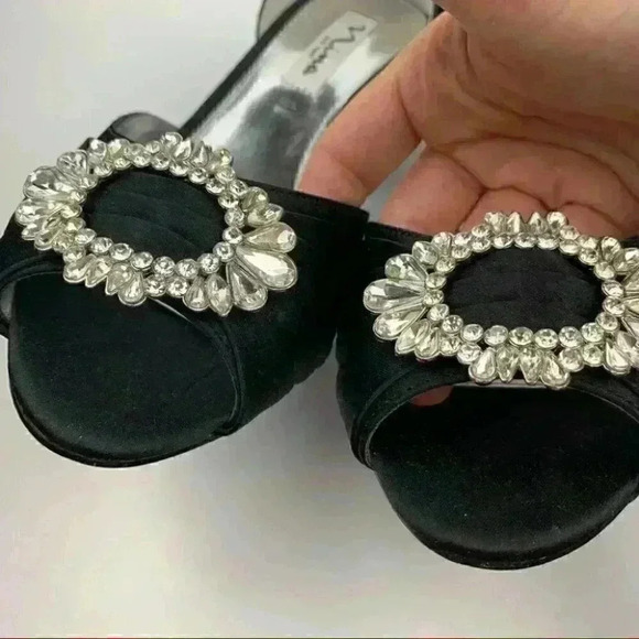 New Nina heels size 7 W 37 black satin gem peep toe formal mother of the bride - Picture 10 of 12